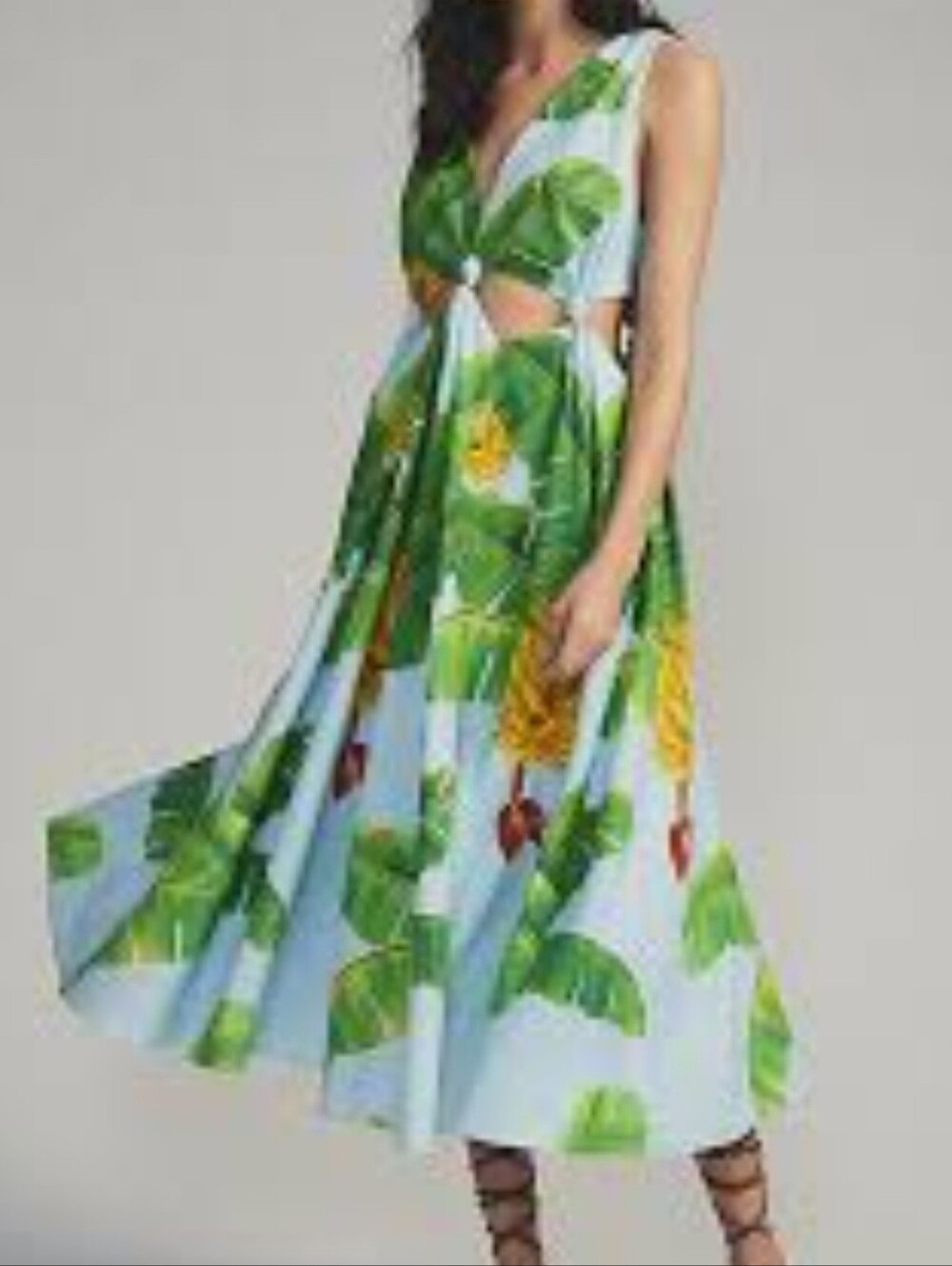 FARM Rio Banana Cut-Out Linen Blend V Neck Midi Dress Women's M - Picture 1 of 13